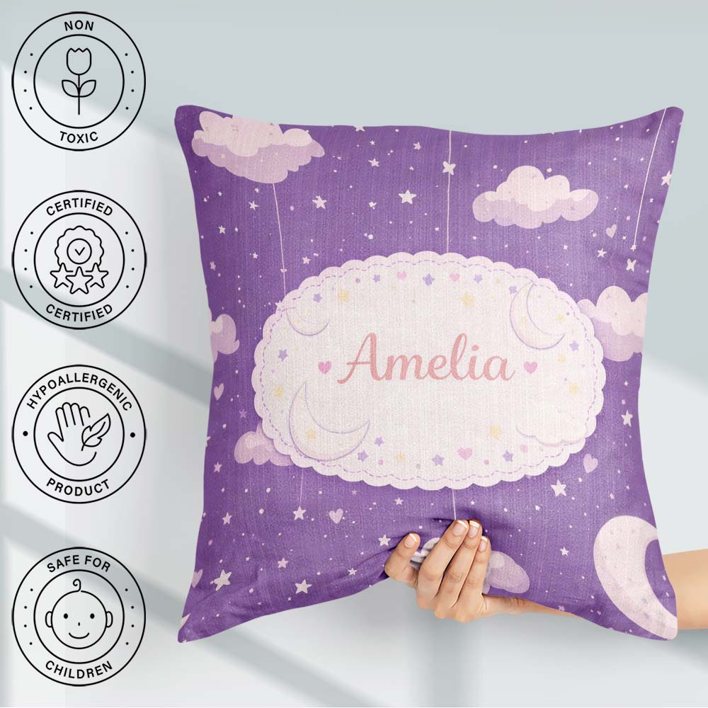 Custom Name Purple Night Sky Moon Hanging Stars Seamless Pattern Square Filled Cushion Throw Pillow Sofa Bed Home Decor Zip Washable UK Made