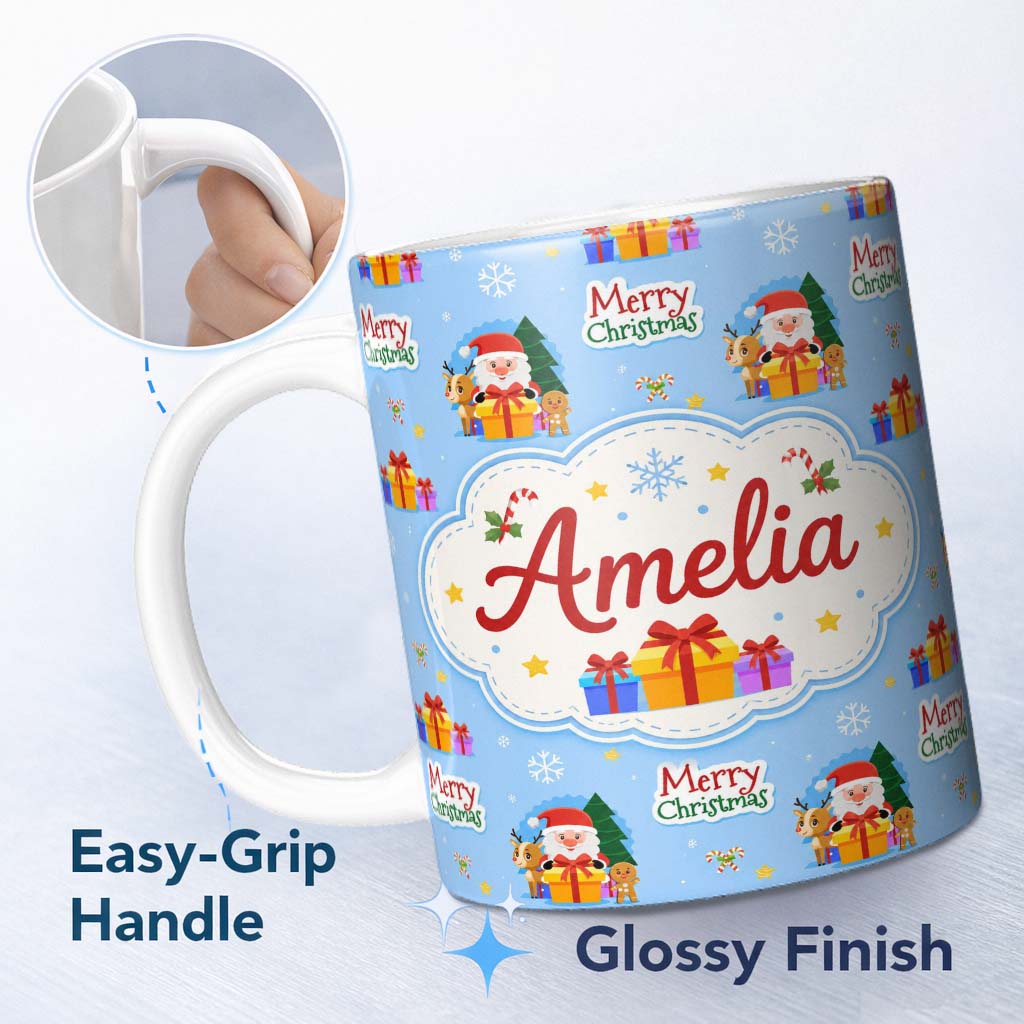Personalized Custom Name Cute Santa Reindeer Gingerbread Merry Christmas Gifts Seamless 11oz Ceramic Coffee Tea Mug White Large Handle