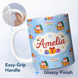 Personalized Custom Name Cute Santa Reindeer Gingerbread Merry Christmas Gifts Seamless 11oz Ceramic Coffee Tea Mug White Large Handle