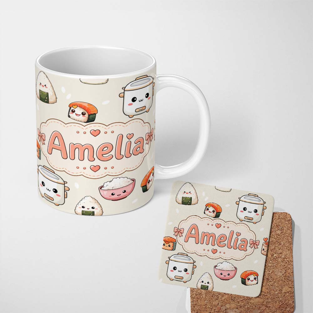 Personalized Custom Name Cute Kawaii Sushi Rice Cooker Bowl Cream Background Seamless 11oz Ceramic Coffee Tea Mug White Large Handle