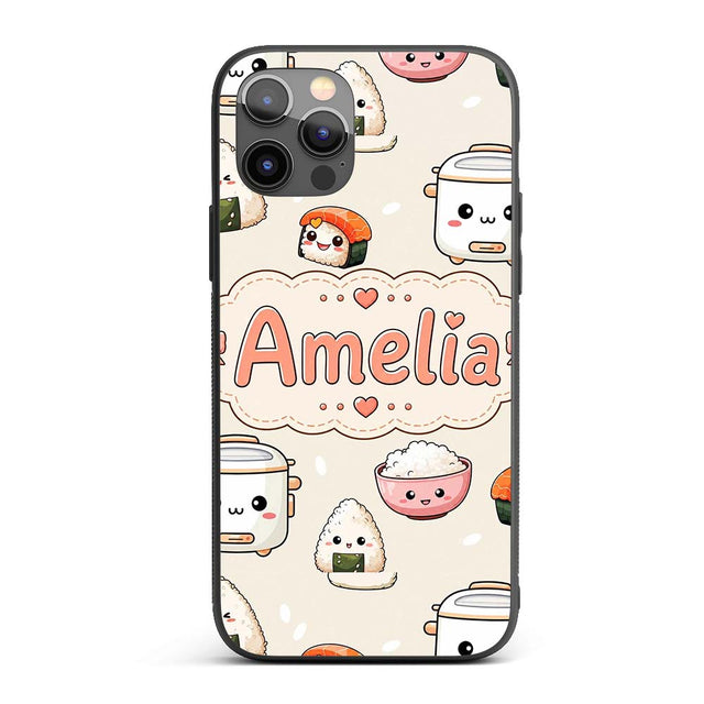 Cute Kawaii Sushi Rice Cooker Bowl Printed Design Custom Name Protective Phone Case Mobile Cover Durable Everyday Smartphone Shock Resistant