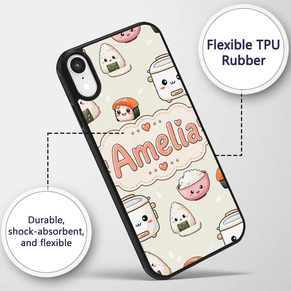 Cute Kawaii Sushi Rice Cooker Bowl Printed Design Custom Name Protective Phone Case Mobile Cover Durable Everyday Smartphone Shock Resistant