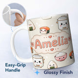 Personalized Custom Name Cute Kawaii Sushi Rice Cooker Bowl Cream Background Seamless 11oz Ceramic Coffee Tea Mug White Large Handle