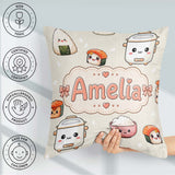 Custom Name Cute Kawaii Sushi Rice Cooker Bowl Cream Background Square Filled Cushion Throw Pillow Sofa Bed Home Decor Zip Washable UK Made