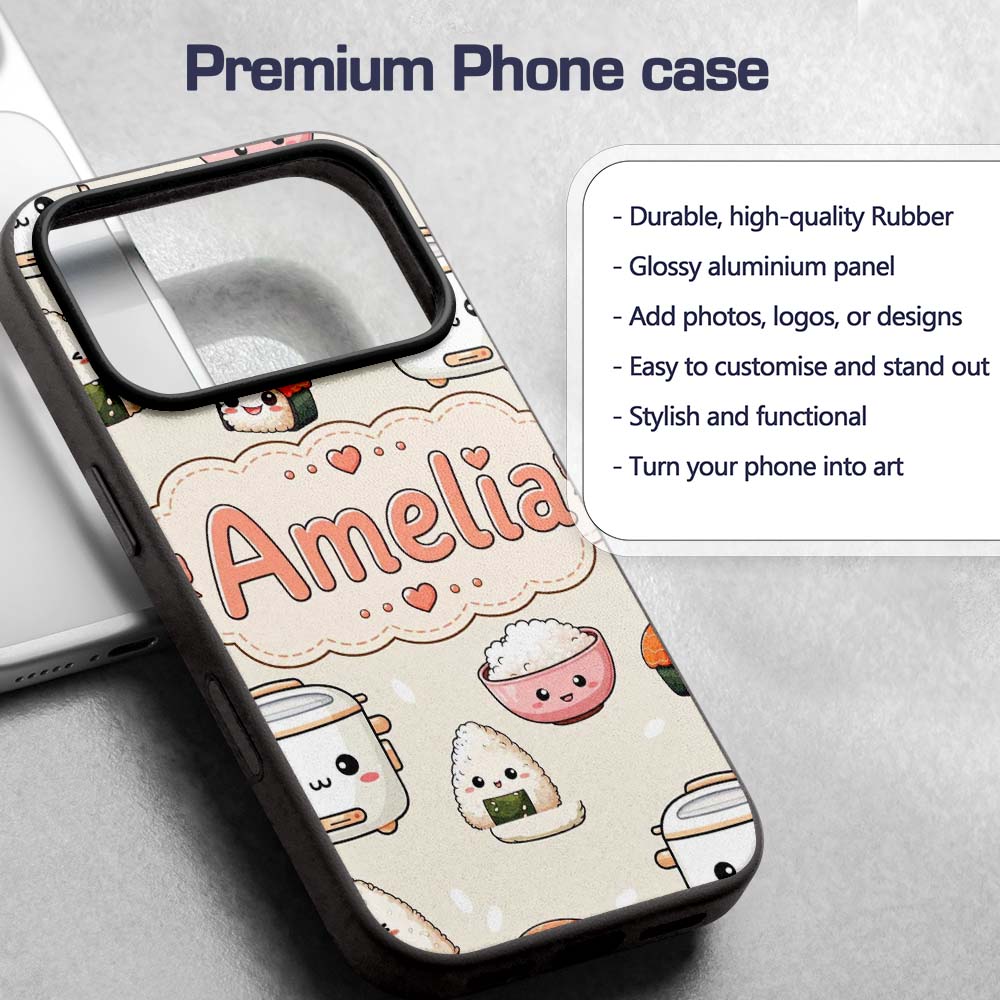 Cute Kawaii Sushi Rice Cooker Bowl Printed Design Custom Name Protective Phone Case Mobile Cover Durable Everyday Smartphone Shock Resistant