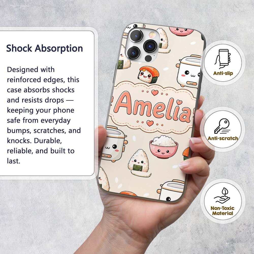 Cute Kawaii Sushi Rice Cooker Bowl Printed Design Custom Name Protective Phone Case Mobile Cover Durable Everyday Smartphone Shock Resistant