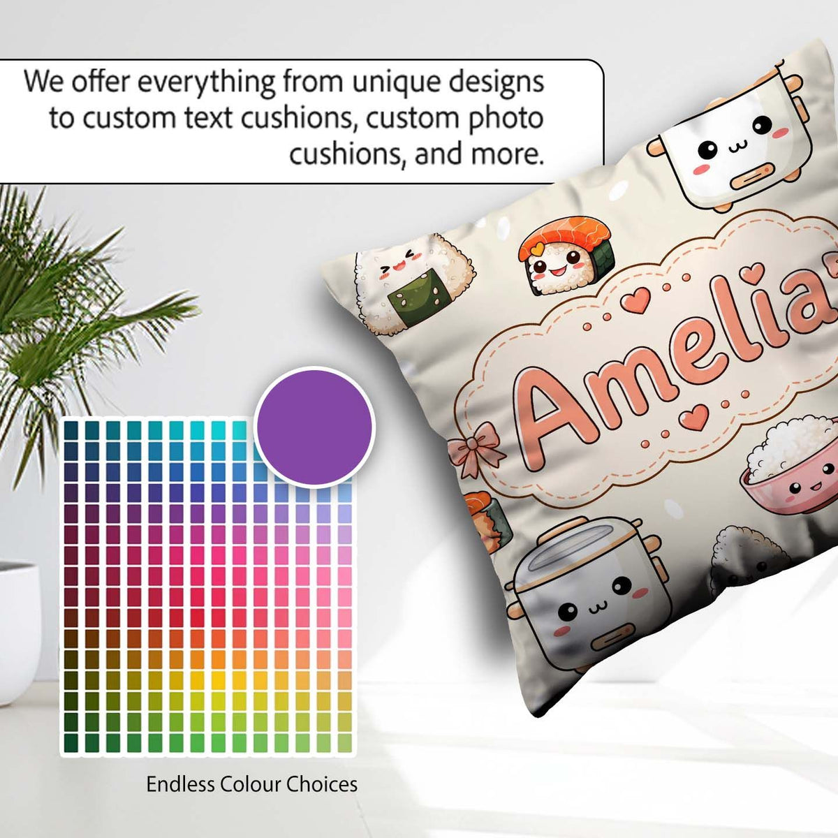 Custom Name Cute Kawaii Sushi Rice Cooker Bowl Cream Background Square Filled Cushion Throw Pillow Sofa Bed Home Decor Zip Washable UK Made