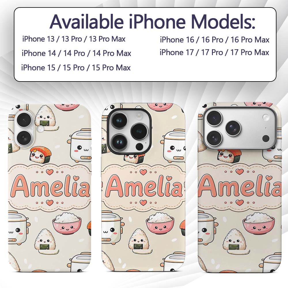 Cute Kawaii Sushi Rice Cooker Bowl Printed Design Custom Name Protective Phone Case Mobile Cover Durable Everyday Smartphone Shock Resistant
