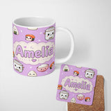 Personalized Custom Name Cute Kawaii Sushi Rice Cooker Bowl Purple Background Seamless 11oz Ceramic Coffee Tea Mug White Large Handle