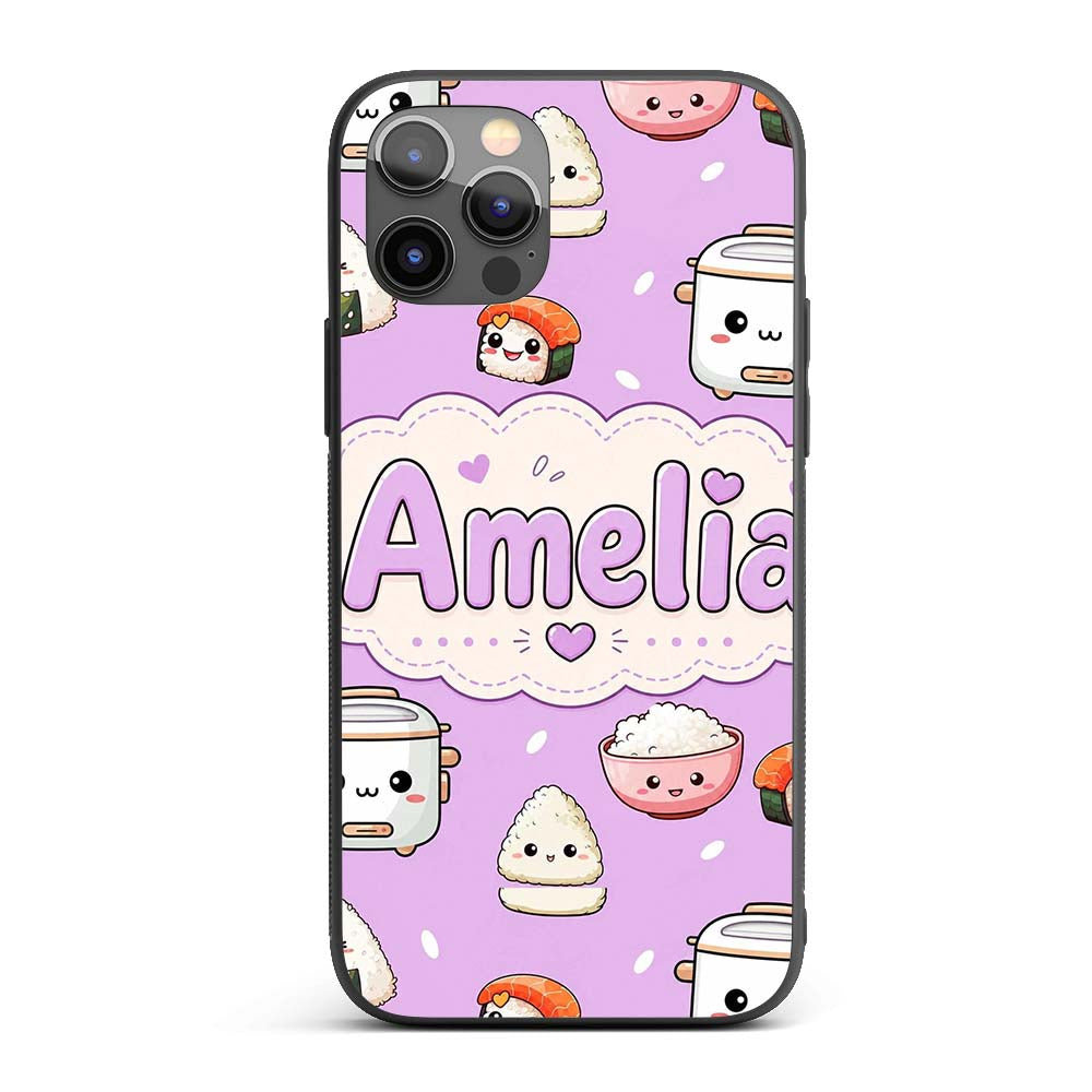 Cute Kawaii Sushi Rice Cooker Bowl Printed Design Custom Name Protective Phone Case Mobile Cover Durable Everyday Smartphone Shock Resistant