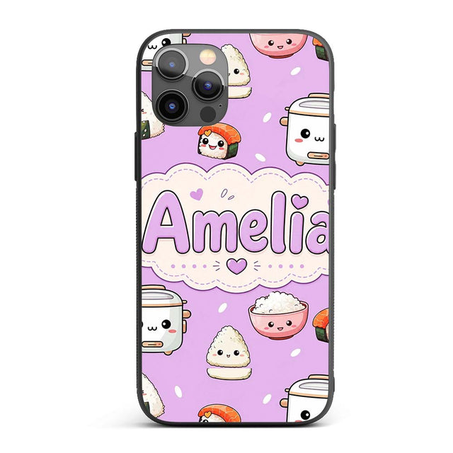 Cute Kawaii Sushi Rice Cooker Bowl Printed Design Custom Name Protective Phone Case Mobile Cover Durable Everyday Smartphone Shock Resistant