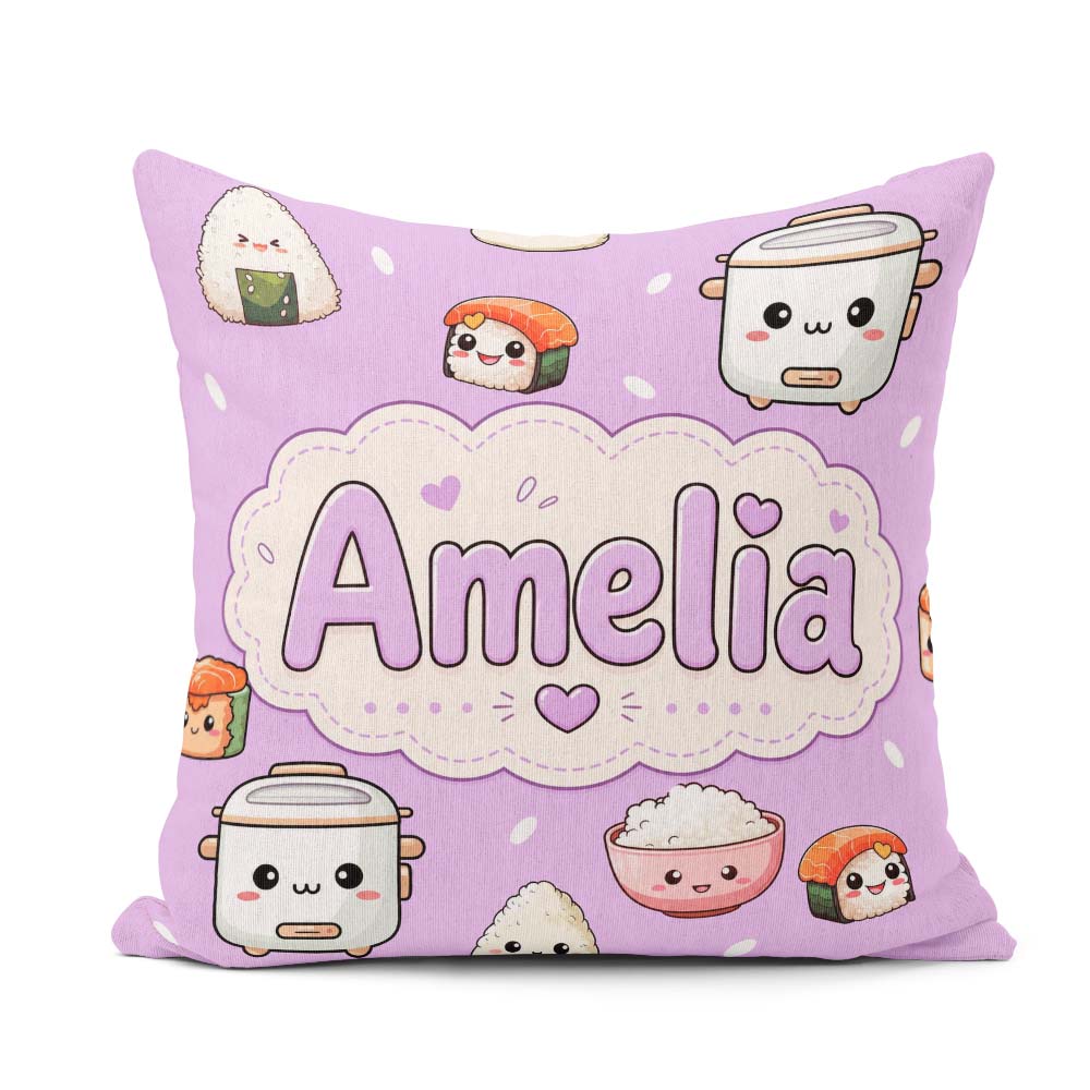 Custom Name Cute Kawaii Sushi Rice Cooker Bowl Purple Background Square Filled Cushion Throw Pillow Sofa Bed Home Decor Zip Washable UK Made