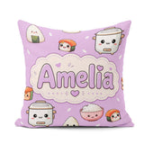 Custom Name Cute Kawaii Sushi Rice Cooker Bowl Purple Background Square Filled Cushion Throw Pillow Sofa Bed Home Decor Zip Washable UK Made