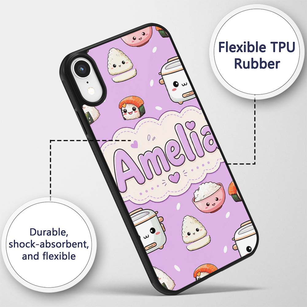 Cute Kawaii Sushi Rice Cooker Bowl Printed Design Custom Name Protective Phone Case Mobile Cover Durable Everyday Smartphone Shock Resistant