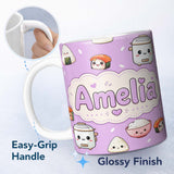 Personalized Custom Name Cute Kawaii Sushi Rice Cooker Bowl Purple Background Seamless 11oz Ceramic Coffee Tea Mug White Large Handle