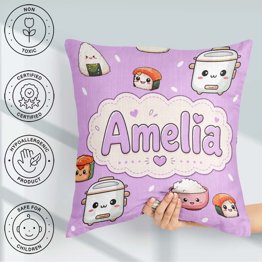 Custom Name Cute Kawaii Sushi Rice Cooker Bowl Purple Background Square Filled Cushion Throw Pillow Sofa Bed Home Decor Zip Washable UK Made