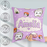 Custom Name Cute Kawaii Sushi Rice Cooker Bowl Purple Background Square Filled Cushion Throw Pillow Sofa Bed Home Decor Zip Washable UK Made