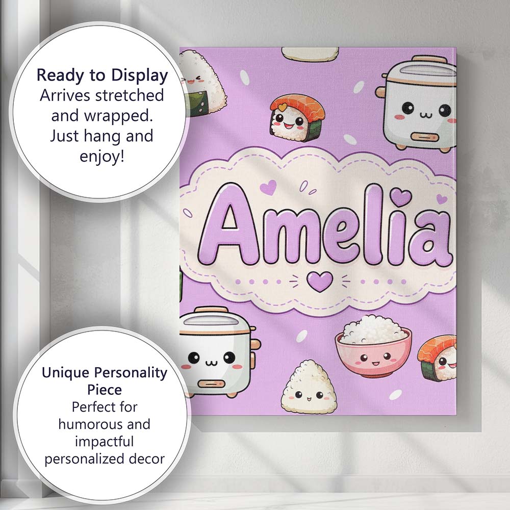 Personalised Name Cute Kawaii Sushi Rice Custom  Unique Gift Idea Elegant Feature Canvas Wall Art Print Decor Picture Ready to Hang
