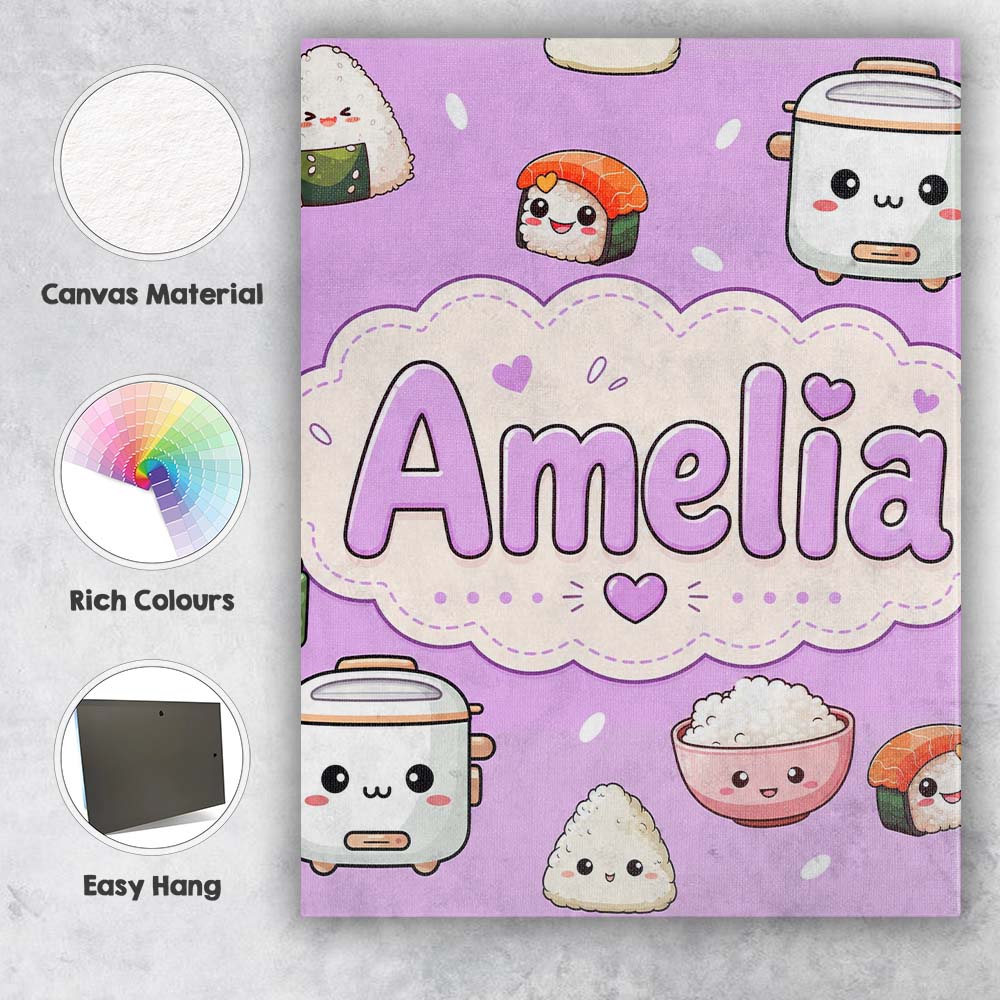 Personalised Name Cute Kawaii Sushi Rice Custom  Unique Gift Idea Elegant Feature Canvas Wall Art Print Decor Picture Ready to Hang