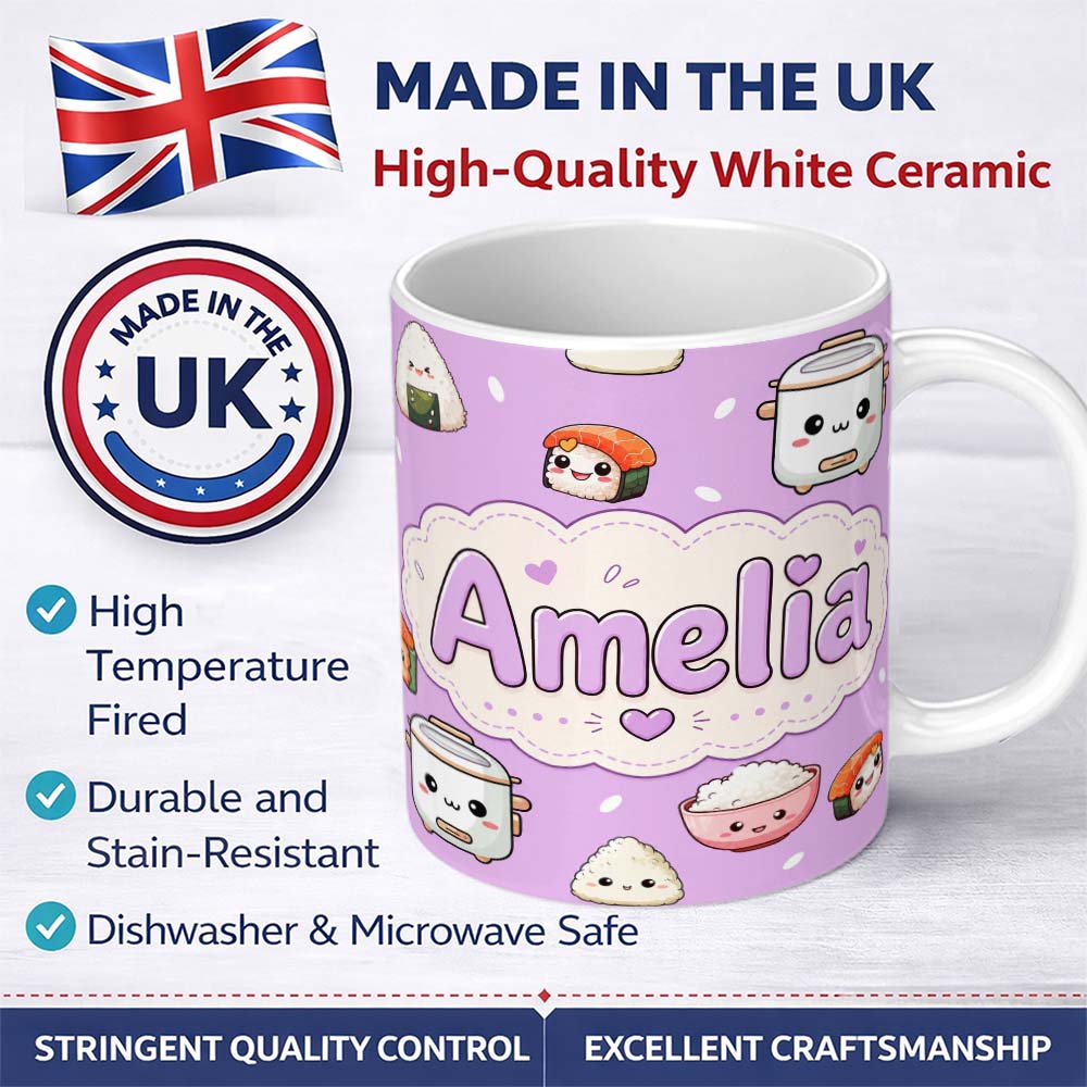 Personalized Custom Name Cute Kawaii Sushi Rice Cooker Bowl Purple Background Seamless 11oz Ceramic Coffee Tea Mug White Large Handle