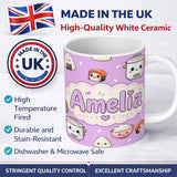 Personalized Custom Name Cute Kawaii Sushi Rice Cooker Bowl Purple Background Seamless 11oz Ceramic Coffee Tea Mug White Large Handle