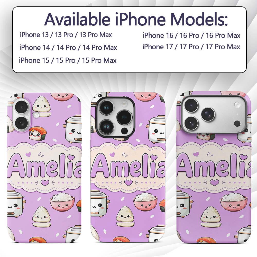 Cute Kawaii Sushi Rice Cooker Bowl Printed Design Custom Name Protective Phone Case Mobile Cover Durable Everyday Smartphone Shock Resistant