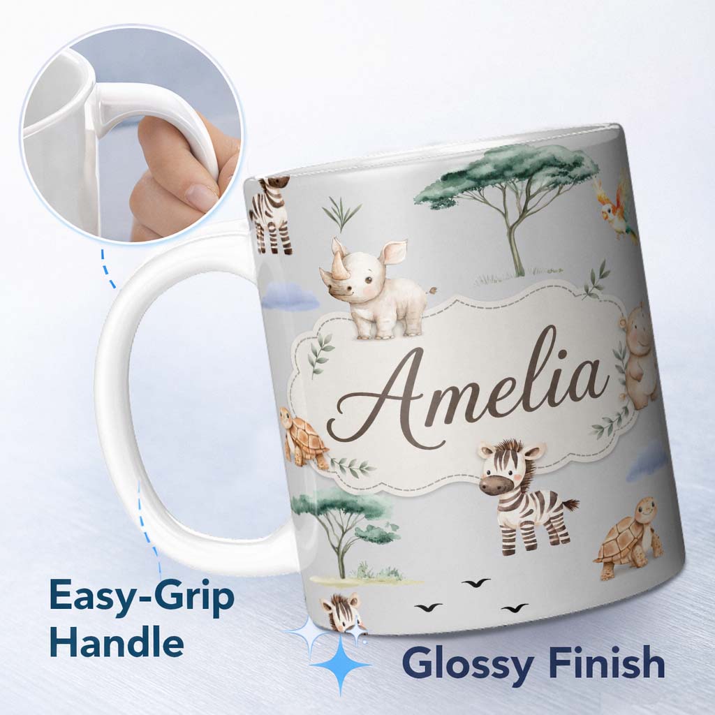 Personalized Custom Name Cute Safari Animals Zebra Rhino Turtle on grey Seamless Pattern 11oz Ceramic Coffee Tea Mug White Large Handle