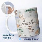 Personalized Custom Name Cute Safari Animals Zebra Rhino Turtle on grey Seamless Pattern 11oz Ceramic Coffee Tea Mug White Large Handle