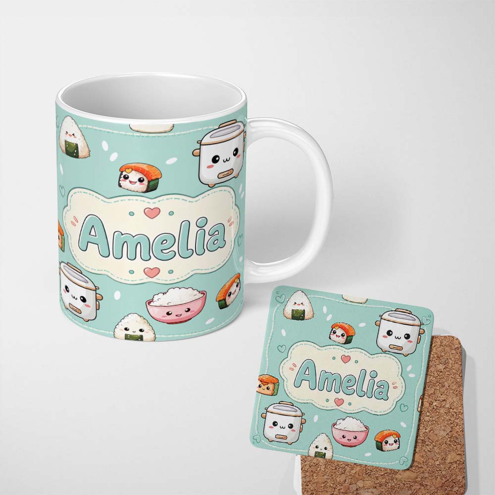 Personalized Custom Name Cute Kawaii Sushi Rice Cooker Bowl Mint Green Background Seamless 11oz Ceramic Coffee Tea Mug White Large Handle