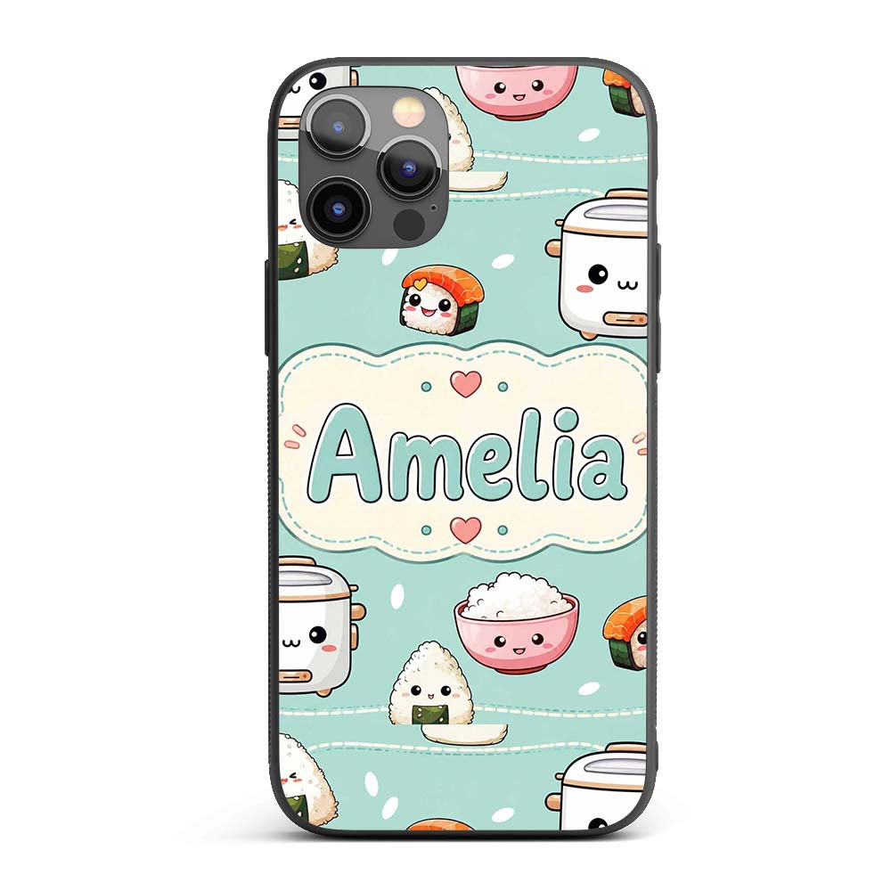 Cute Kawaii Sushi Rice Cooker Bowl Mint Green Custom Name Protective Phone Case Mobile Cover Durable Everyday Smartphone Shock Resistant