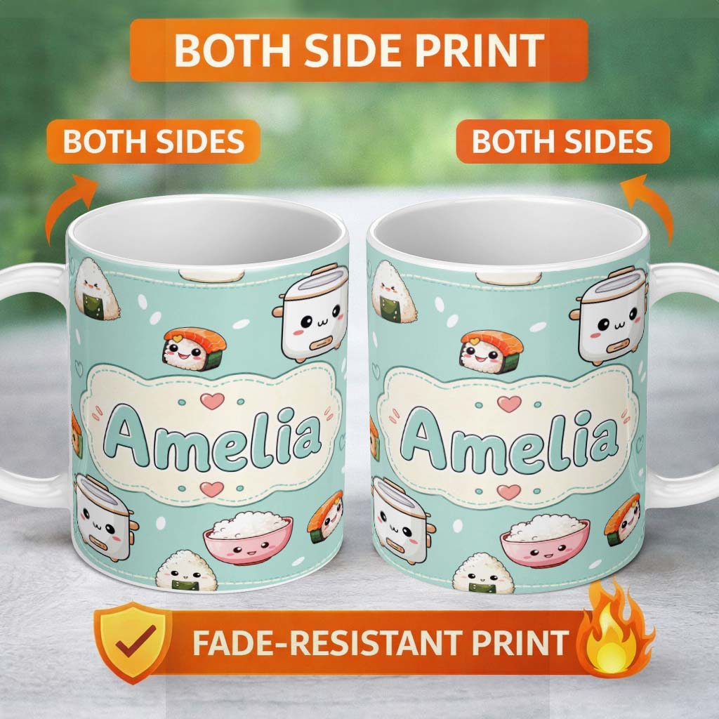 Personalized Custom Name Cute Kawaii Sushi Rice Cooker Bowl Mint Green Background Seamless 11oz Ceramic Coffee Tea Mug White Large Handle
