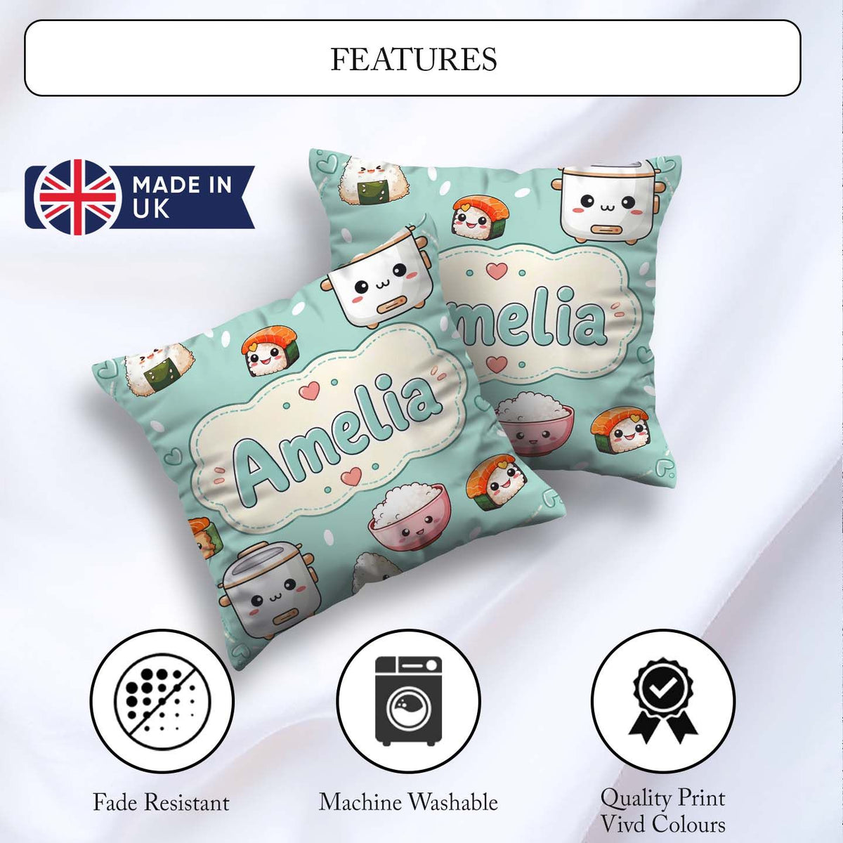 Custom Name Kawaii Sushi Rice Cooker Bowl Mint Green Background Square Filled Cushion Throw Pillow Sofa Bed Home Decor Zip Washable UK Made
