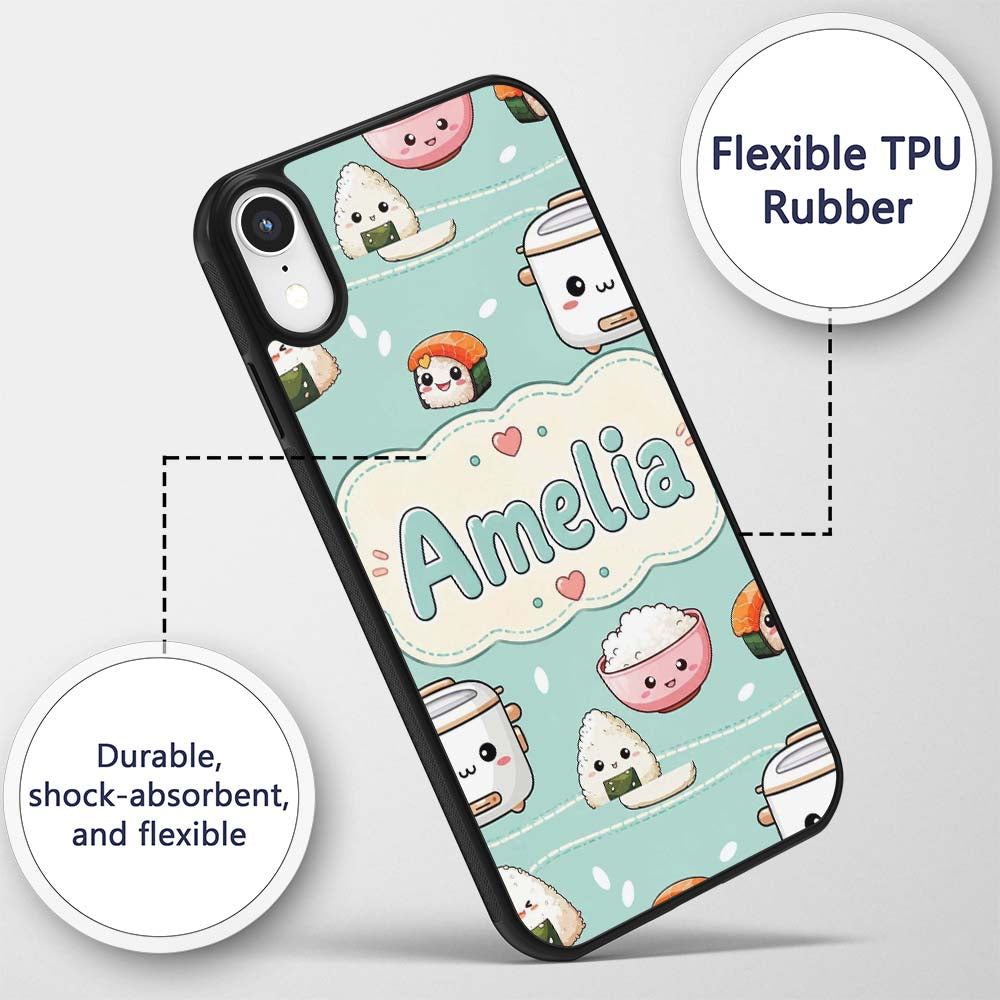 Cute Kawaii Sushi Rice Cooker Bowl Mint Green Custom Name Protective Phone Case Mobile Cover Durable Everyday Smartphone Shock Resistant
