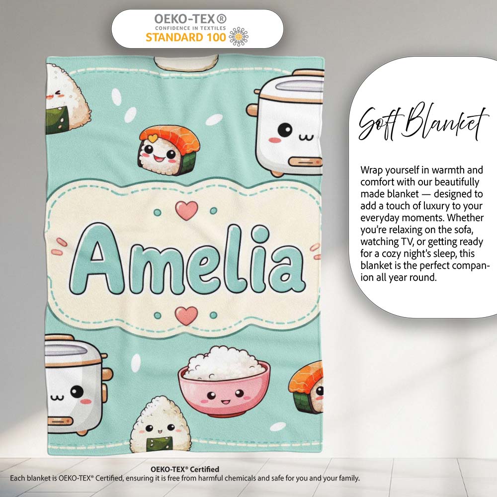 Cute Kawaii Sushi Rice Cooker Bowl Mint Green Background Seamless  Personalised Custom Name Super Soft Fleece Blanket Bed Sofa Throw