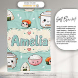 Cute Kawaii Sushi Rice Cooker Bowl Mint Green Background Seamless  Personalised Custom Name Super Soft Fleece Blanket Bed Sofa Throw