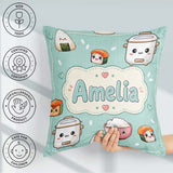 Custom Name Kawaii Sushi Rice Cooker Bowl Mint Green Background Square Filled Cushion Throw Pillow Sofa Bed Home Decor Zip Washable UK Made