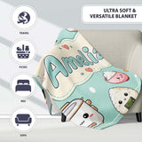 Cute Kawaii Sushi Rice Cooker Bowl Mint Green Background Seamless  Personalised Custom Name Super Soft Fleece Blanket Bed Sofa Throw