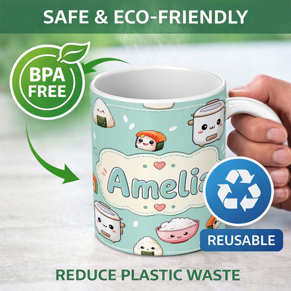 Personalized Custom Name Cute Kawaii Sushi Rice Cooker Bowl Mint Green Background Seamless 11oz Ceramic Coffee Tea Mug White Large Handle