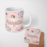 Personalized Custom Name Cute Kawaii Sushi Rice Cooker Bowl Soft Pink Background Seamless 11oz Ceramic Coffee Tea Mug White Large Handle