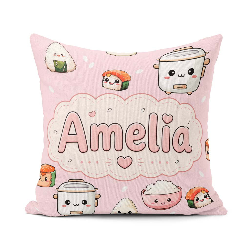 Custom Name Kawaii Sushi Rice Bowl Soft Pink Background Seamless Square Filled Cushion Throw Pillow Sofa Bed Home Decor Zip Washable UK Made