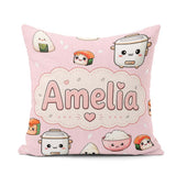 Custom Name Kawaii Sushi Rice Bowl Soft Pink Background Seamless Square Filled Cushion Throw Pillow Sofa Bed Home Decor Zip Washable UK Made