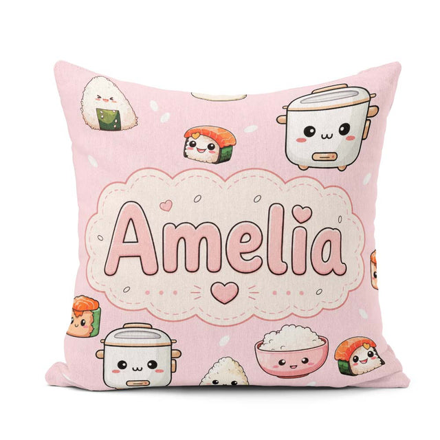 Custom Name Kawaii Sushi Rice Bowl Soft Pink Background Seamless Square Filled Cushion Throw Pillow Sofa Bed Home Decor Zip Washable UK Made