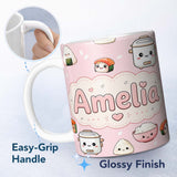 Personalized Custom Name Cute Kawaii Sushi Rice Cooker Bowl Soft Pink Background Seamless 11oz Ceramic Coffee Tea Mug White Large Handle