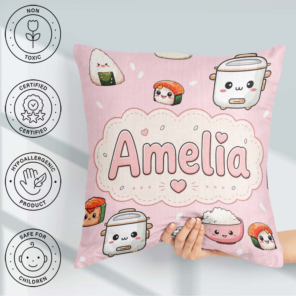 Custom Name Kawaii Sushi Rice Bowl Soft Pink Background Seamless Square Filled Cushion Throw Pillow Sofa Bed Home Decor Zip Washable UK Made