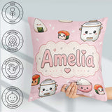 Custom Name Kawaii Sushi Rice Bowl Soft Pink Background Seamless Square Filled Cushion Throw Pillow Sofa Bed Home Decor Zip Washable UK Made