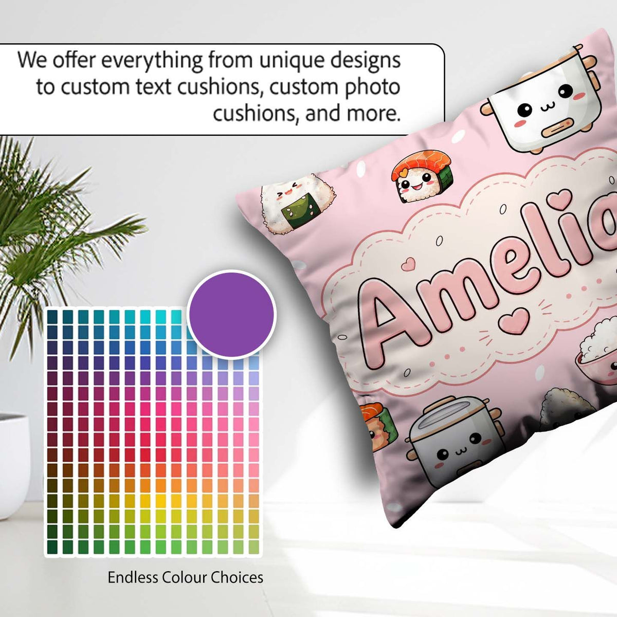 Custom Name Kawaii Sushi Rice Bowl Soft Pink Background Seamless Square Filled Cushion Throw Pillow Sofa Bed Home Decor Zip Washable UK Made