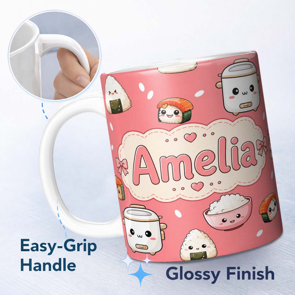 Personalized Custom Name Cute Kawaii Sushi Rice Cooker Bowl Coral Red Background Seamless 11oz Ceramic Coffee Tea Mug White Large Handle