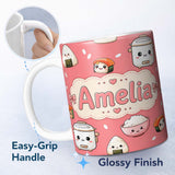 Personalized Custom Name Cute Kawaii Sushi Rice Cooker Bowl Coral Red Background Seamless 11oz Ceramic Coffee Tea Mug White Large Handle