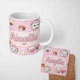 Personalized Custom Name Cute Kawaii Sushi Rice Cooker Bowl Blush Pink Background Seamless 11oz Ceramic Coffee Tea Mug White Large Handle