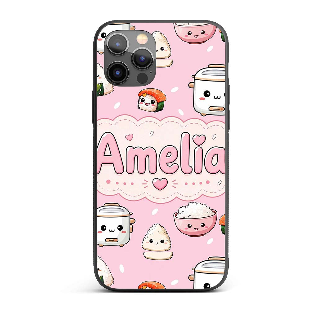 Cute Kawaii Sushi Rice Cooker Bowl Blush Pink Custom Name Protective Phone Case Mobile Cover Durable Everyday Smartphone Shock Resistant